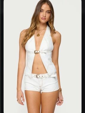 Edikted Ceil White Denim Top + Micro Shorts Set